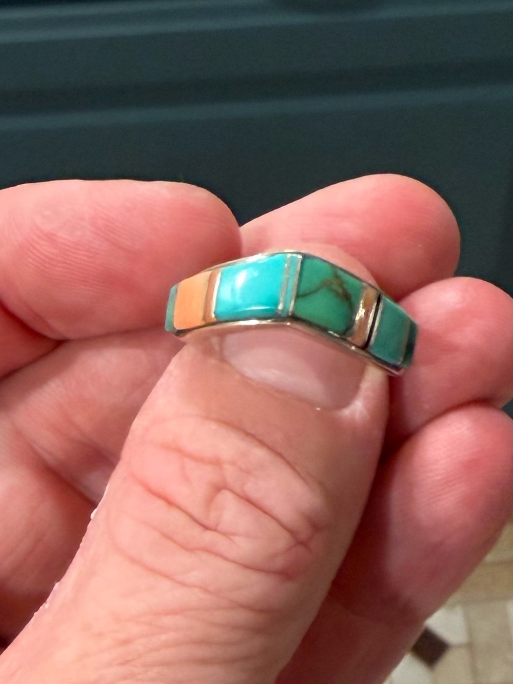 Sterling Silver Turquoise Inlay Ring with Coral Accent - Turquoise